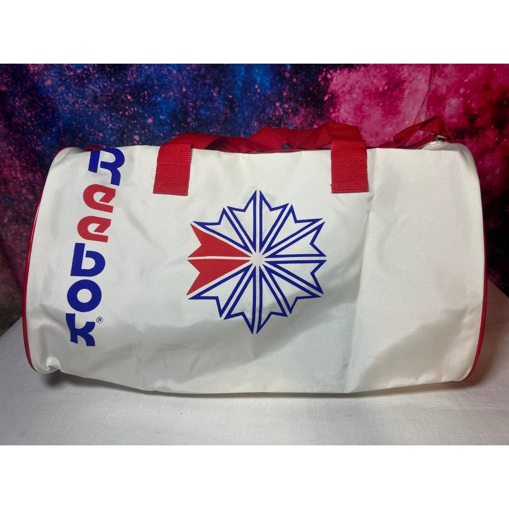 Vintage 90s Reebok Duffle Bag White Red Starcrest Logo Gym Travel Barrel Bag